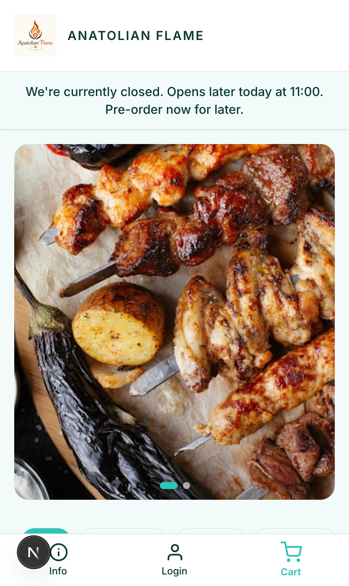 MenuDock storefront on mobile — Anatolian Flame menu with category filters